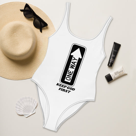 One-Piece Flattering Swimsuit Keep God First One Way Inspirational Design Comfortable Fabric Swimwear Poolside Lounging Swimsuit Chic Beach Swimsuit One-Piece Design Swimsuit